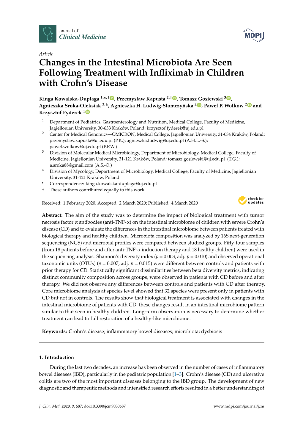 Changes in the Intestinal Microbiota Are Seen Following Treatment with Infliximab in Children with Crohn's Disease