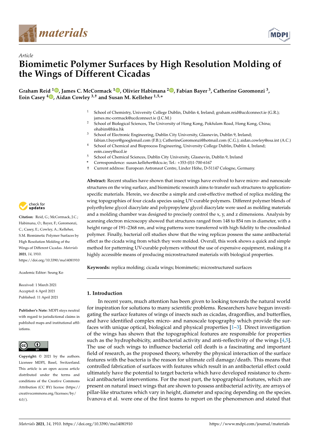 Biomimetic Polymer Surfaces by High Resolution Molding of the Wings of Different Cicadas