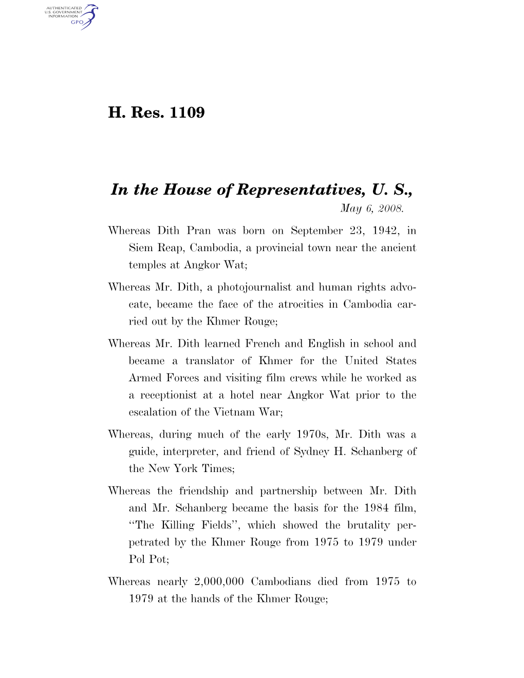 H. Res. 1109 in the House of Representatives, U