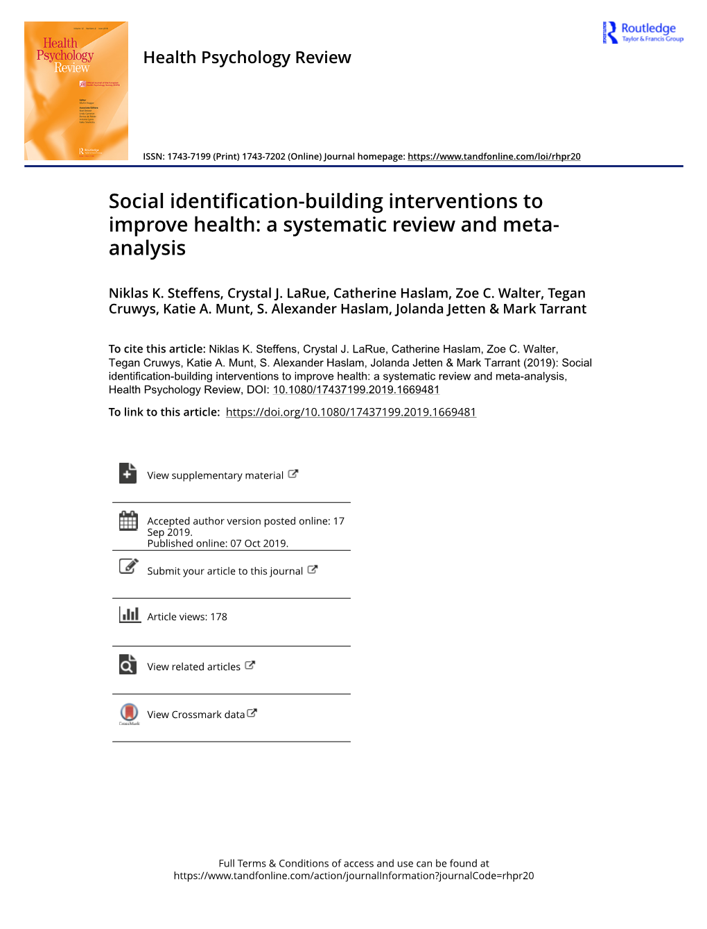 Social Identification-Building Interventions to Improve Health: a Systematic Review and Meta- Analysis