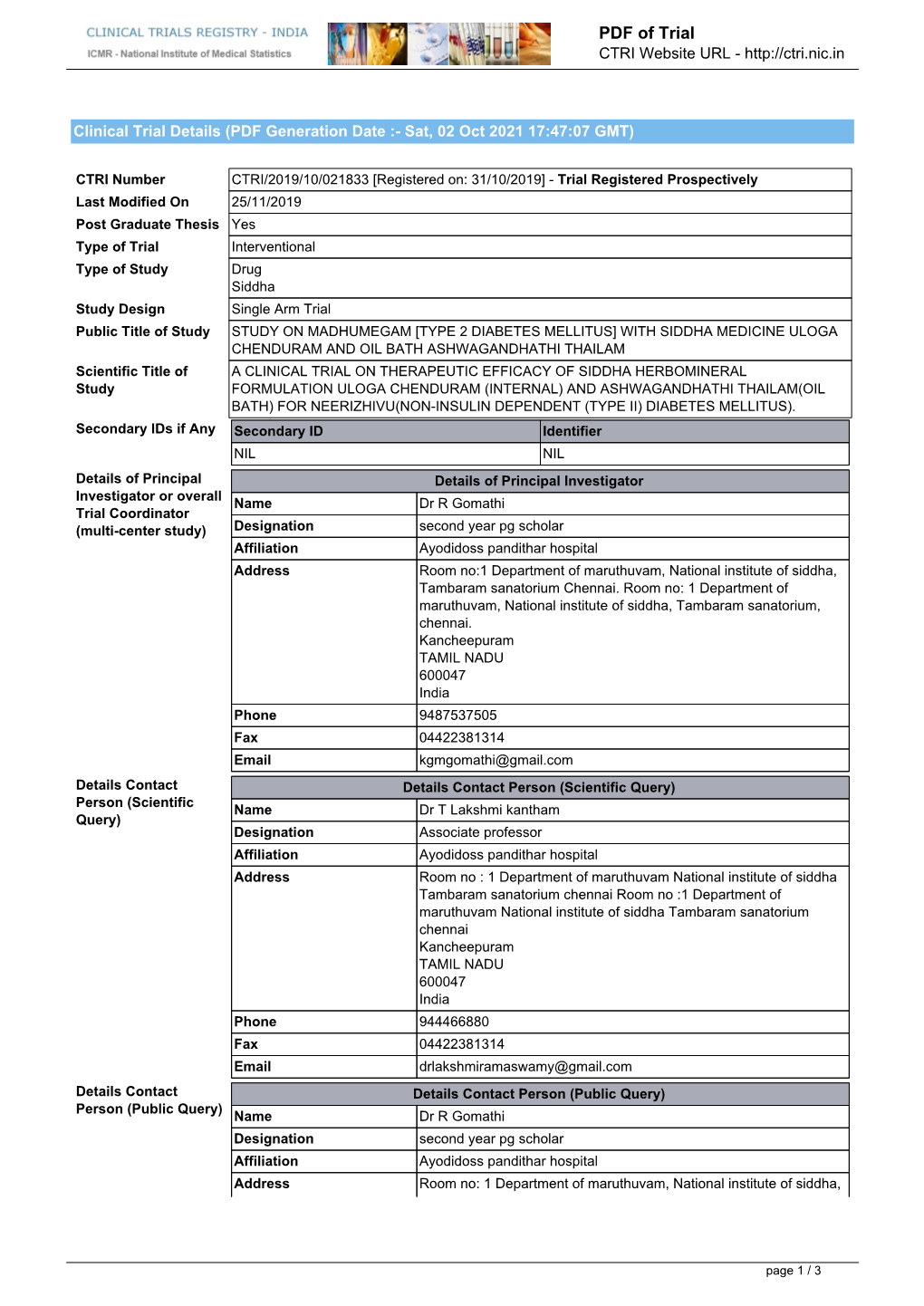 CTRI Trial Data