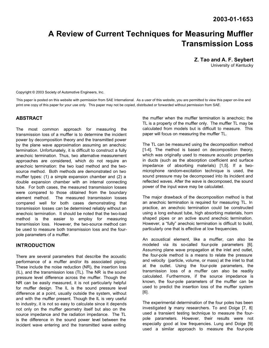 A Review of Current Techniques for Measuring Muffler Transmission Loss