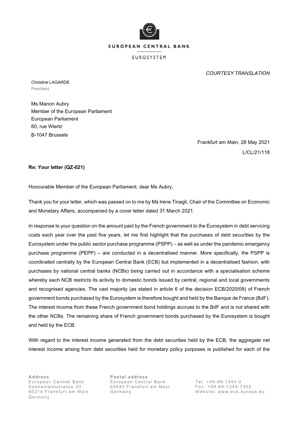 Letter from the ECB President to Ms Manon Aubry, MEP, on Monetary Policy