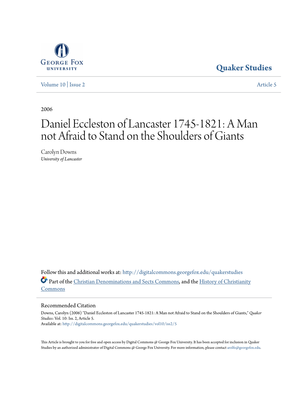 Daniel Eccleston of Lancaster 1745-1821: a Man Not Afraid to Stand on the Shoulders of Giants Carolyn Downs University of Lancaster