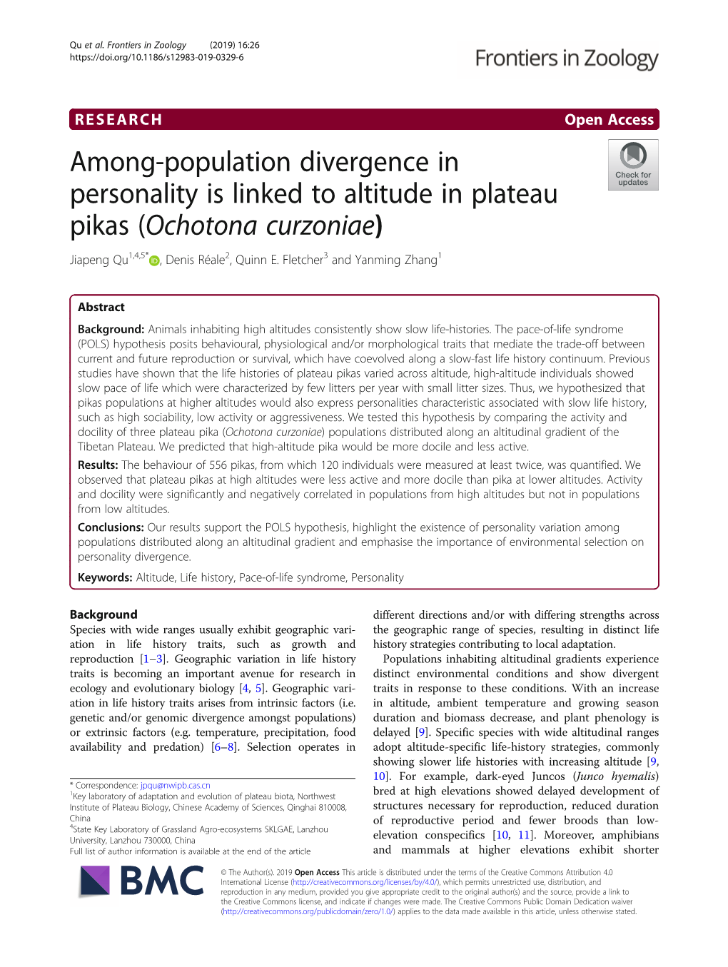 Among-Population Divergence in Personality Is Linked to Altitude in Plateau Pikas (Ochotona Curzoniae) Jiapeng Qu1,4,5* , Denis Réale2, Quinn E