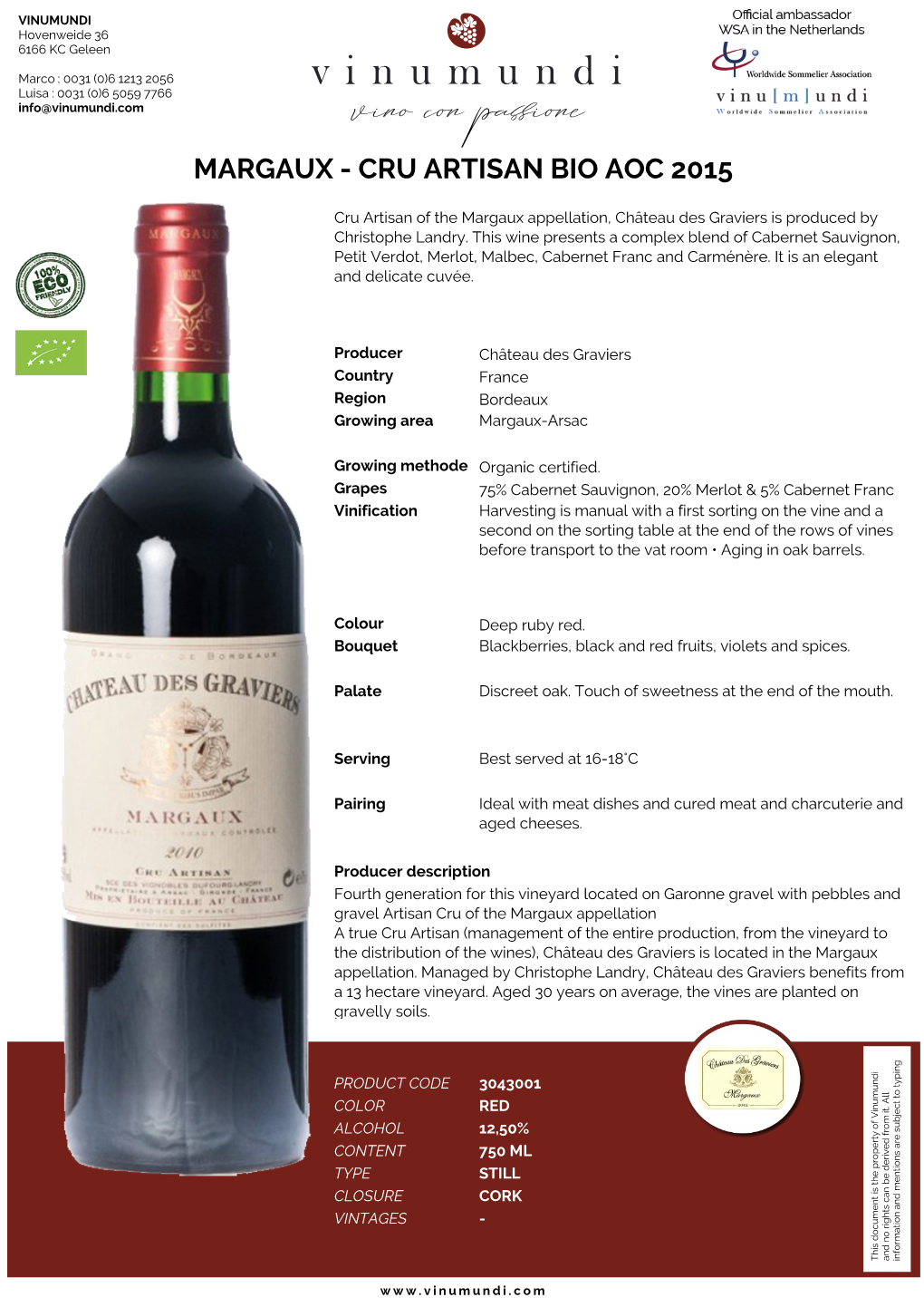 Margaux - Cru Artisan Bio Aoc 2015