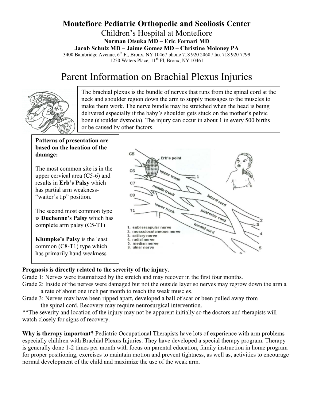 Parent Information on Brachial Plexus Injuries