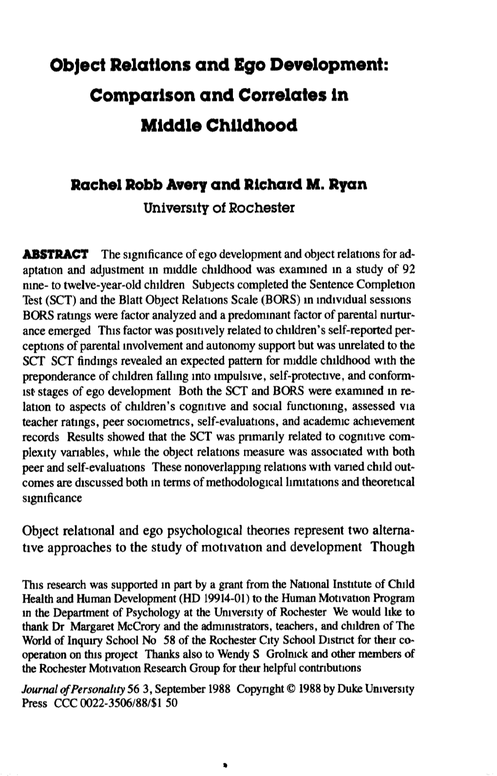 Object Relations and Ego Development: Comparison and Correlates in Middle Childhood