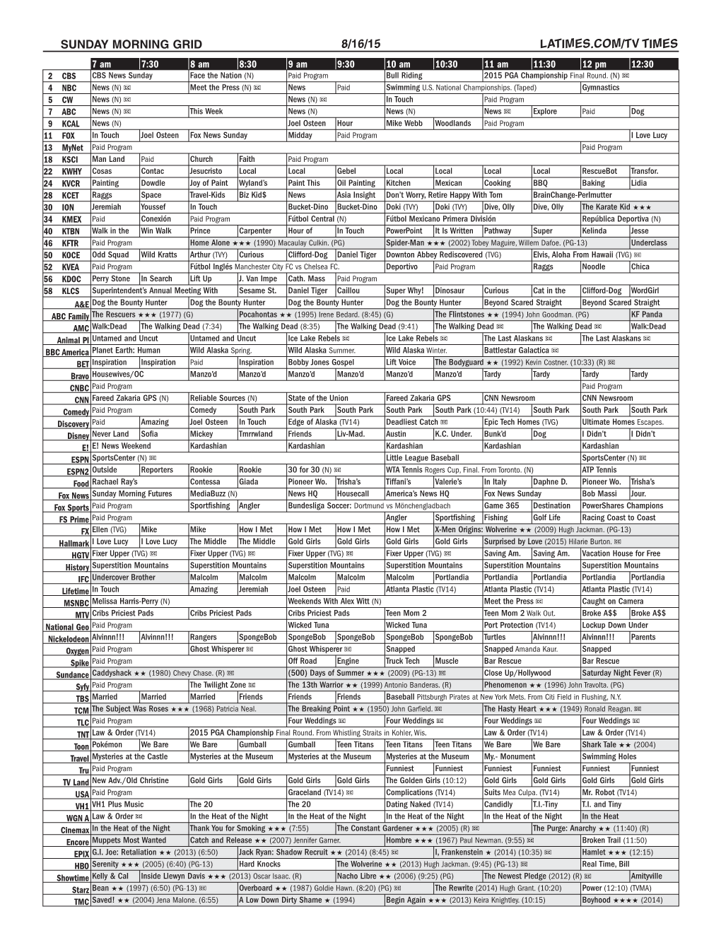 Sunday Morning Grid 8/16/15 Latimes.Com/Tv Times