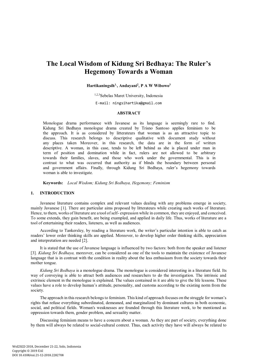 The Local Wisdom of Kidung Sri Bedhaya: the Ruler's Hegemony