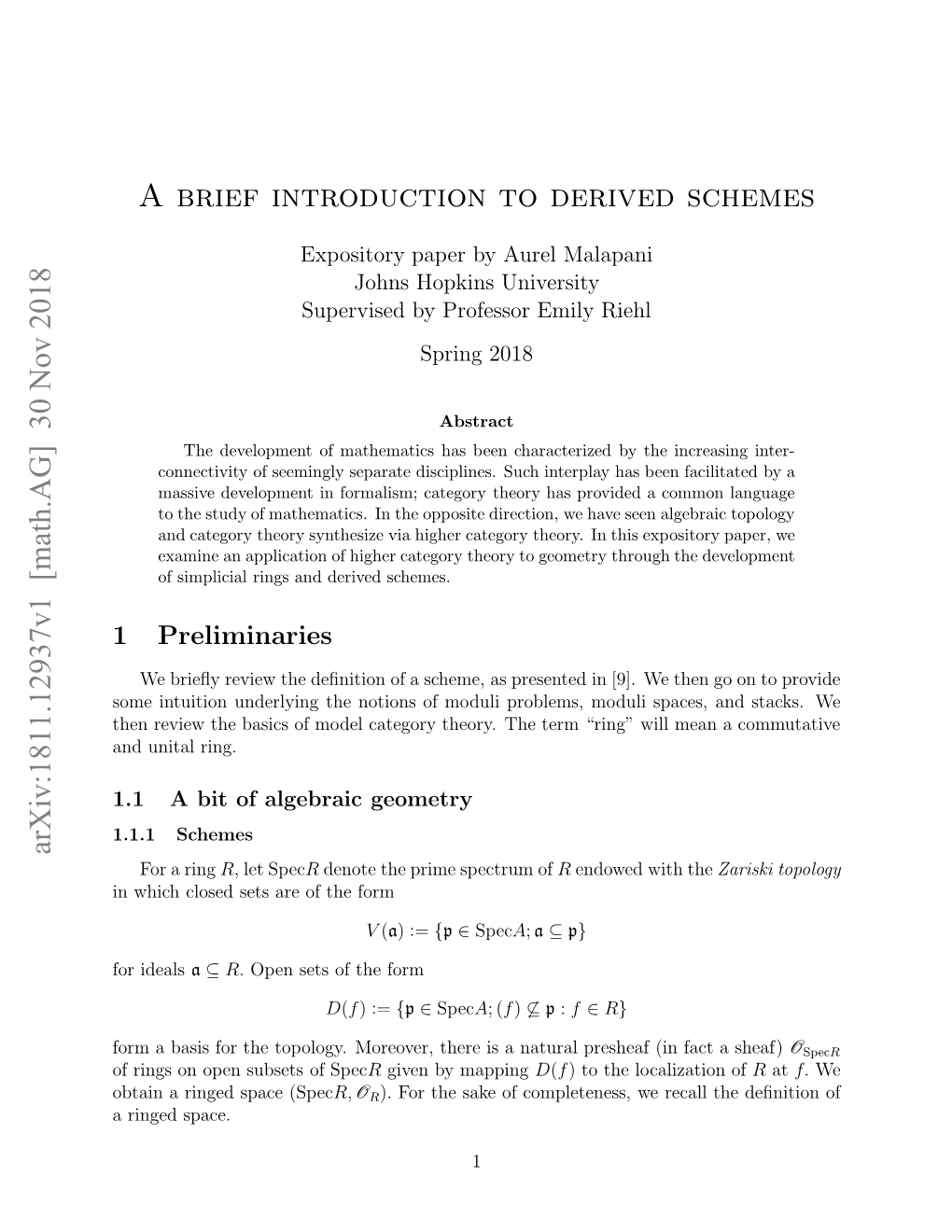 A Brief Introduction to Derived Schemes