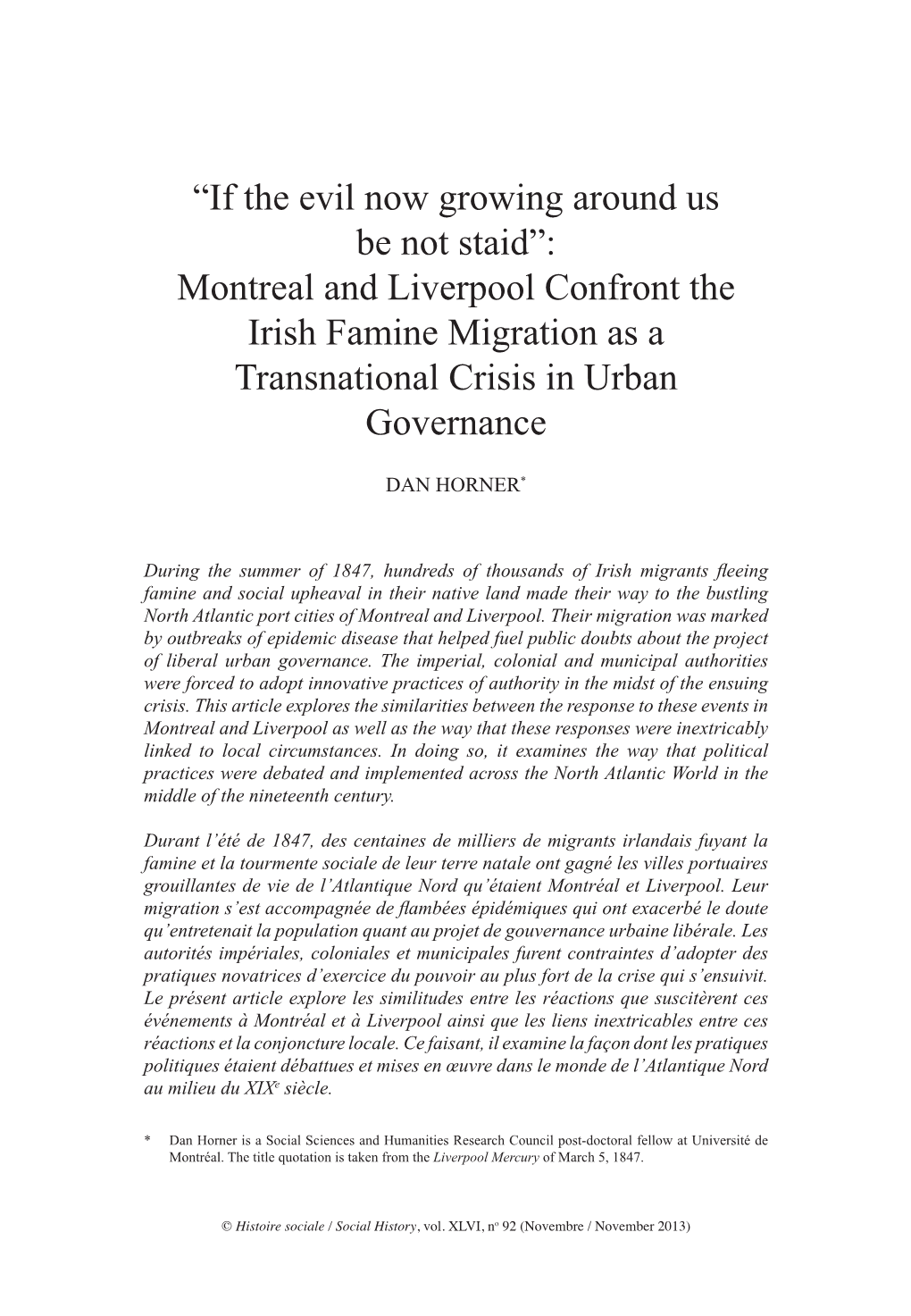 Montreal and Liverpool Confront the Irish Famine Migration As a Transnational Crisis in Urban Governance