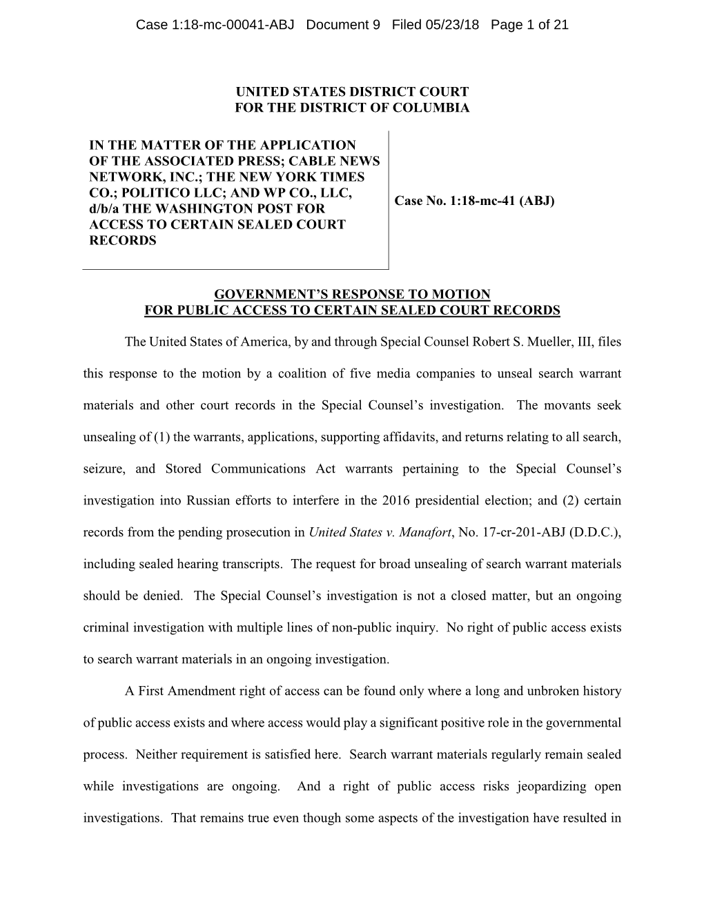 United States District Court for the District of Columbia in the Matter of the Application of the Associated Press; Cable News