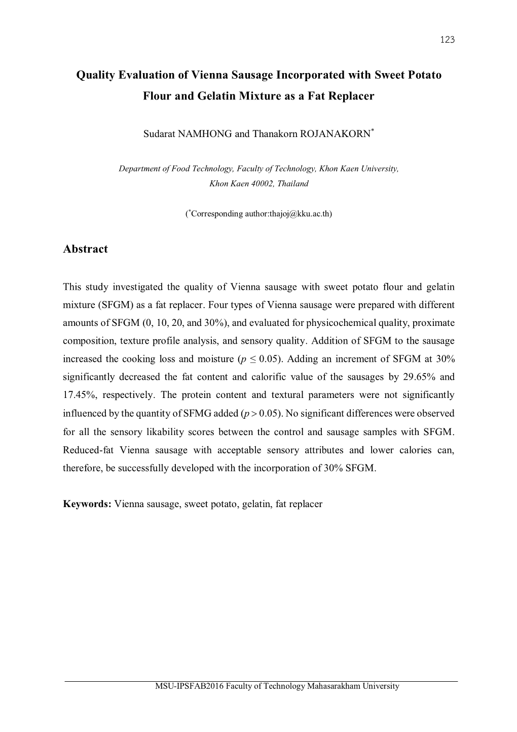 Quality Evaluation of Vienna Sausage Incorporated with Sweet Potato Flour and Gelatin Mixture As a Fat Replacer