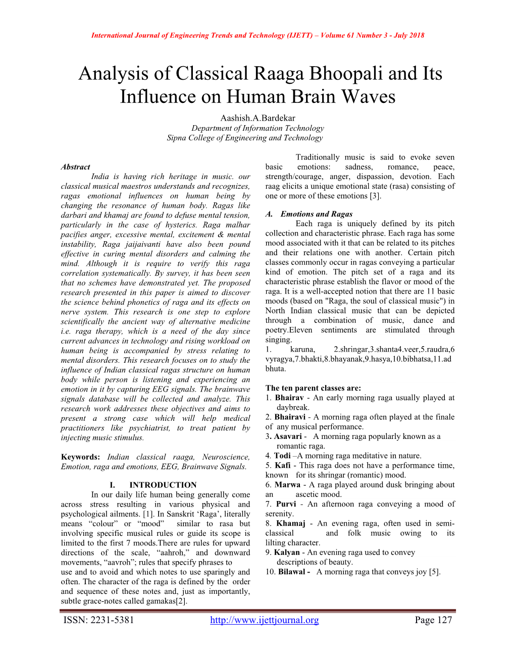 Analysis of Classical Raaga Bhoopali and Its Influence on Human Brain