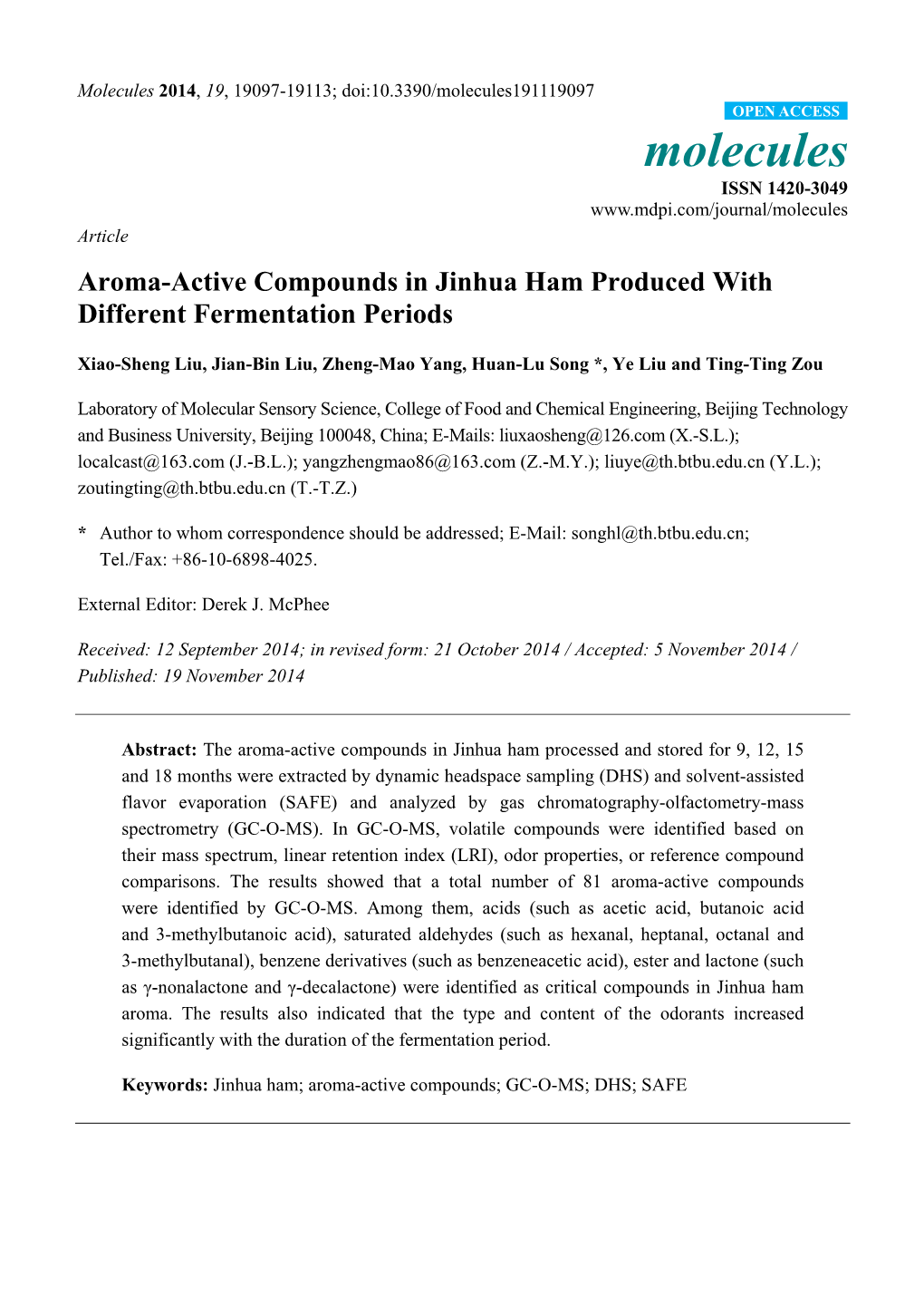 Aroma-Active Compounds in Jinhua Ham Produced with Different Fermentation Periods