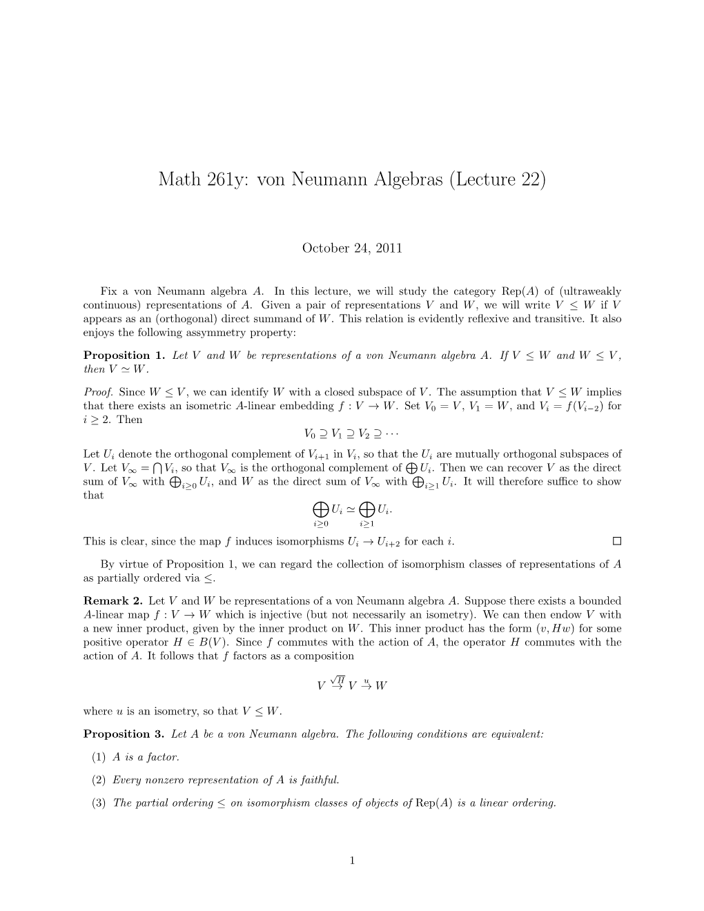 Math 261Y: Von Neumann Algebras (Lecture 22)