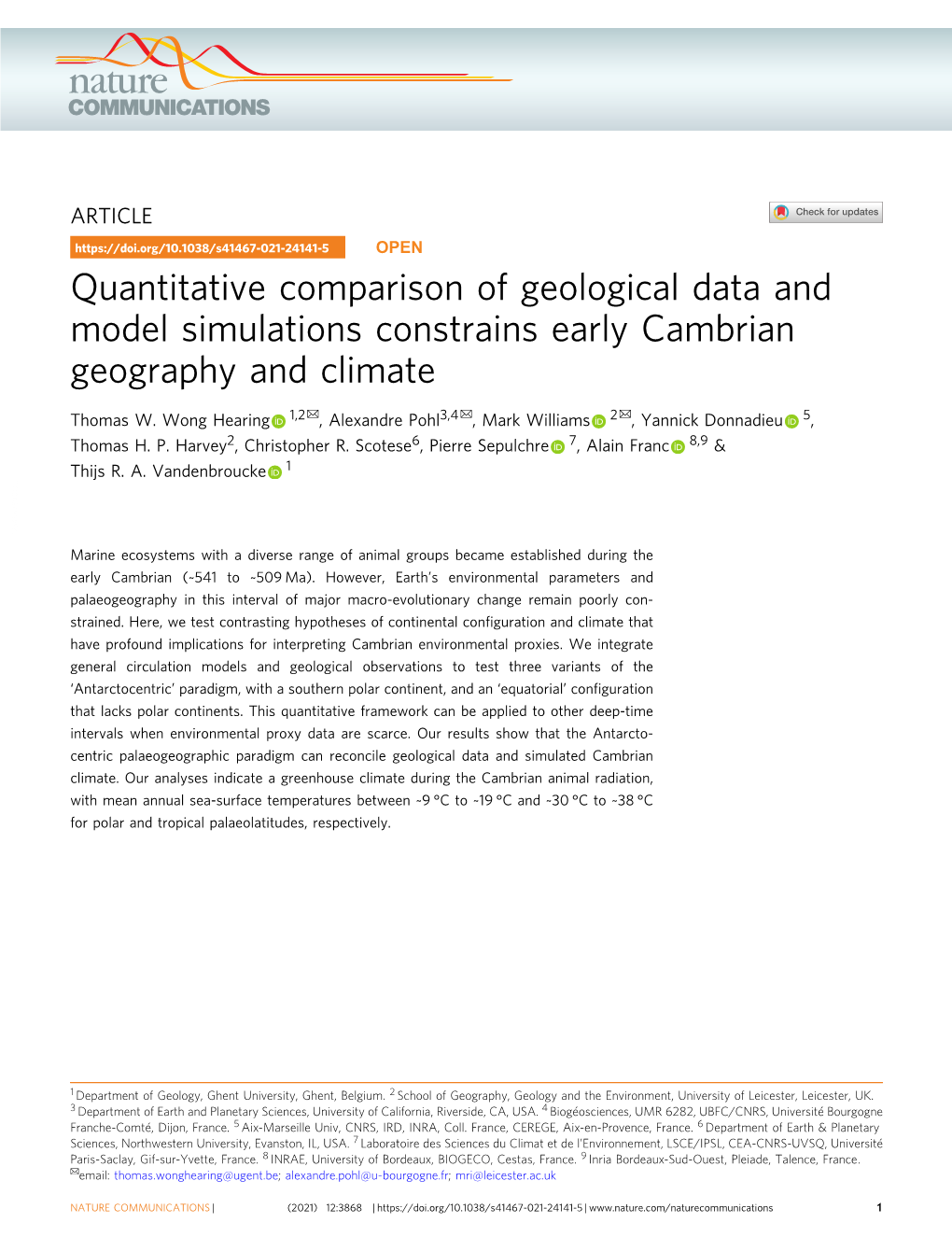 Quantitative Comparison of Geological Data and Model Simulations Constrains Early Cambrian Geography and Climate ✉ ✉ ✉ Thomas W