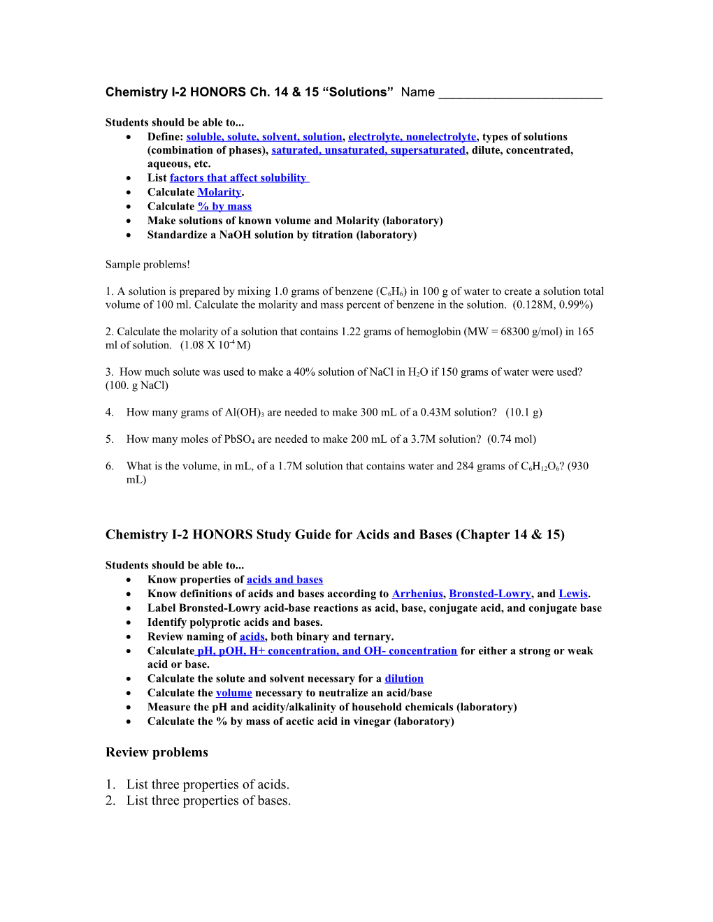 Chemistry I-2 HONORS Ch. 14 & 15 Solutions Name ______