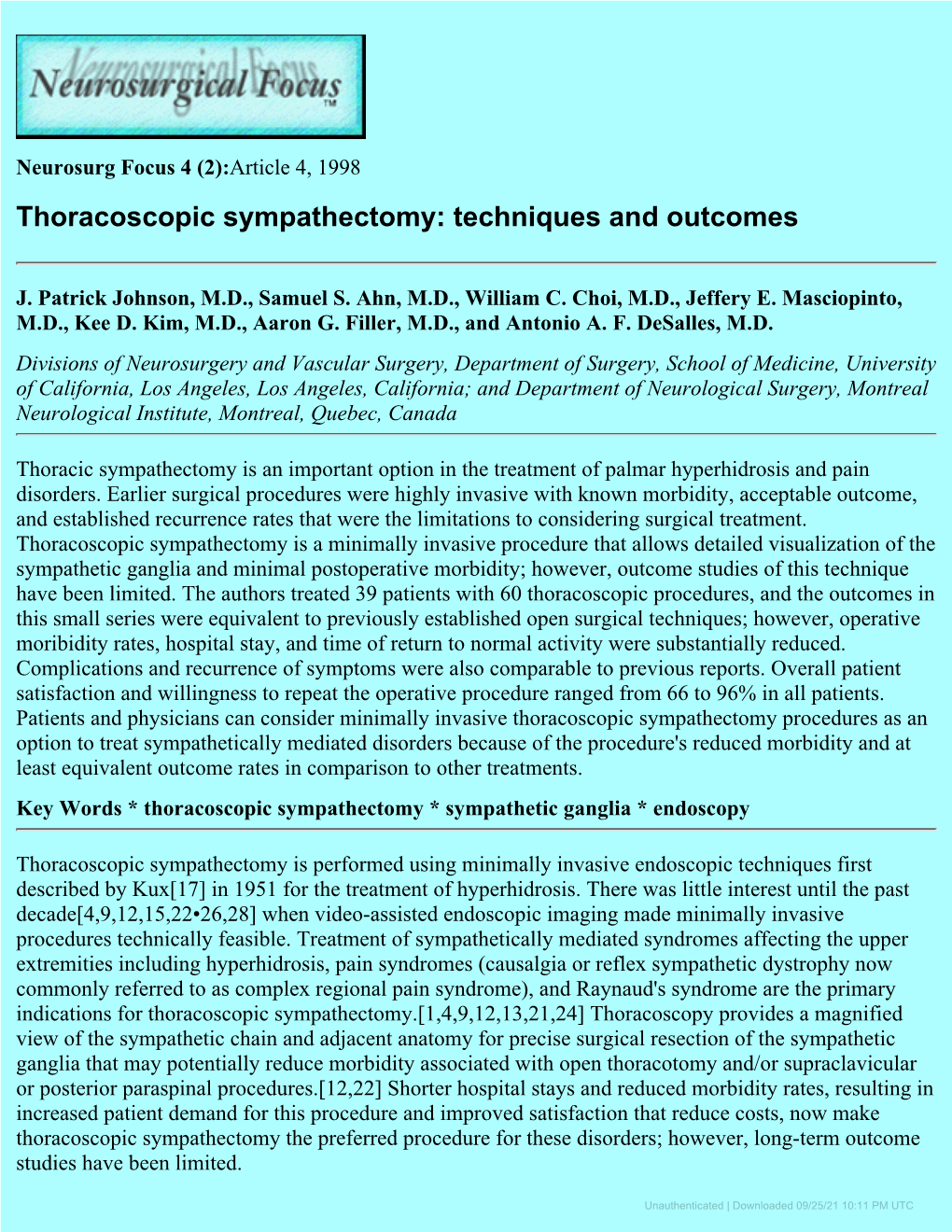 Thoracoscopic Sympathectomy: Techniques and Outcomes