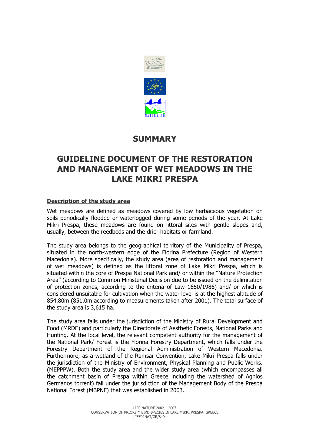 Guideline Document of the Restoration and Management of Wet Meadows in the Lake Mikri Prespa