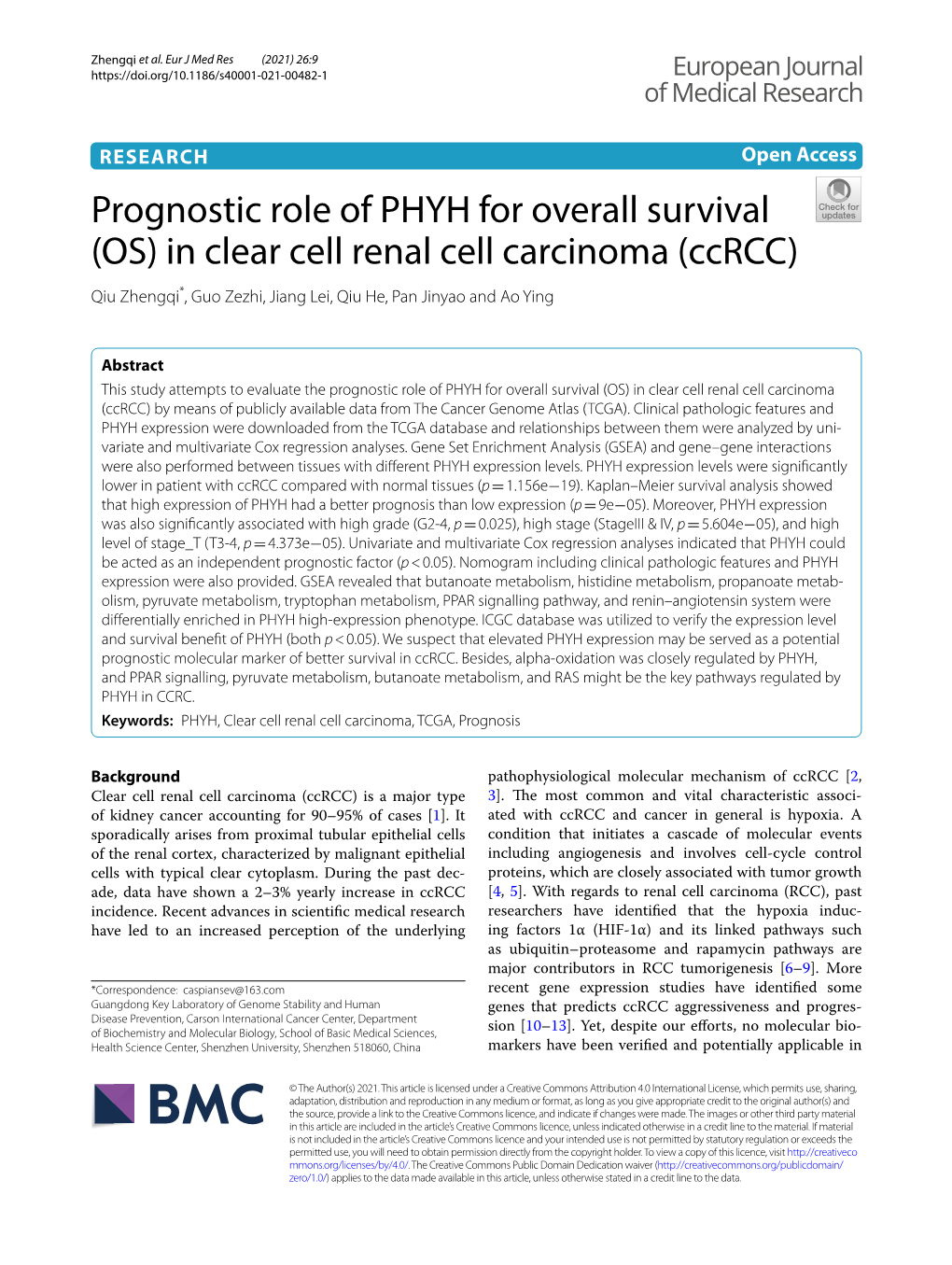 Prognostic Role of PHYH for Overall Survival (OS) in Clear Cell Renal Cell Carcinoma (Ccrcc) Qiu Zhengqi*, Guo Zezhi, Jiang Lei, Qiu He, Pan Jinyao and Ao Ying