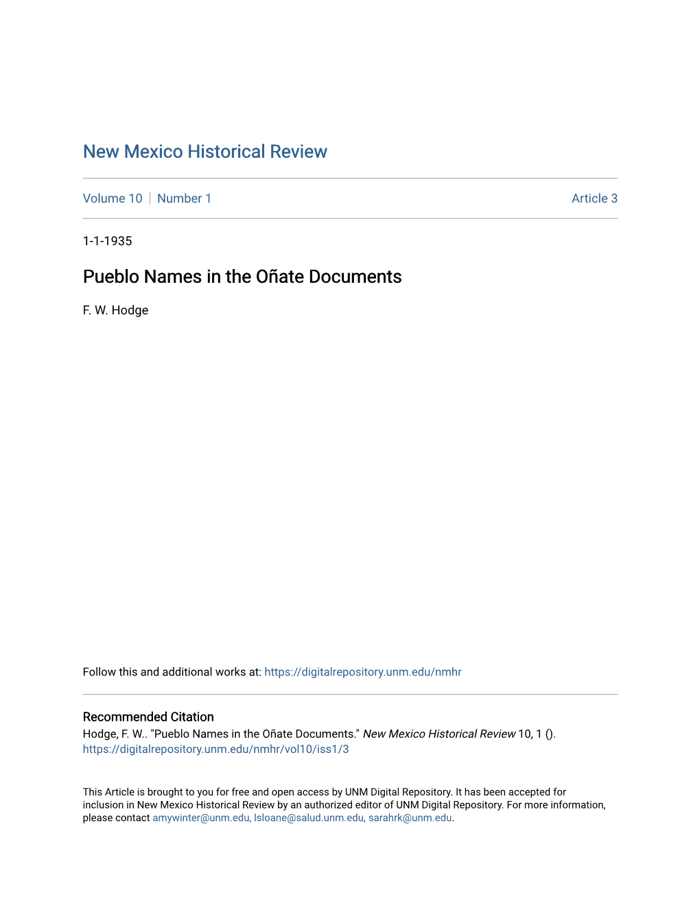 Pueblo Names in the OÃ±Ate Documents