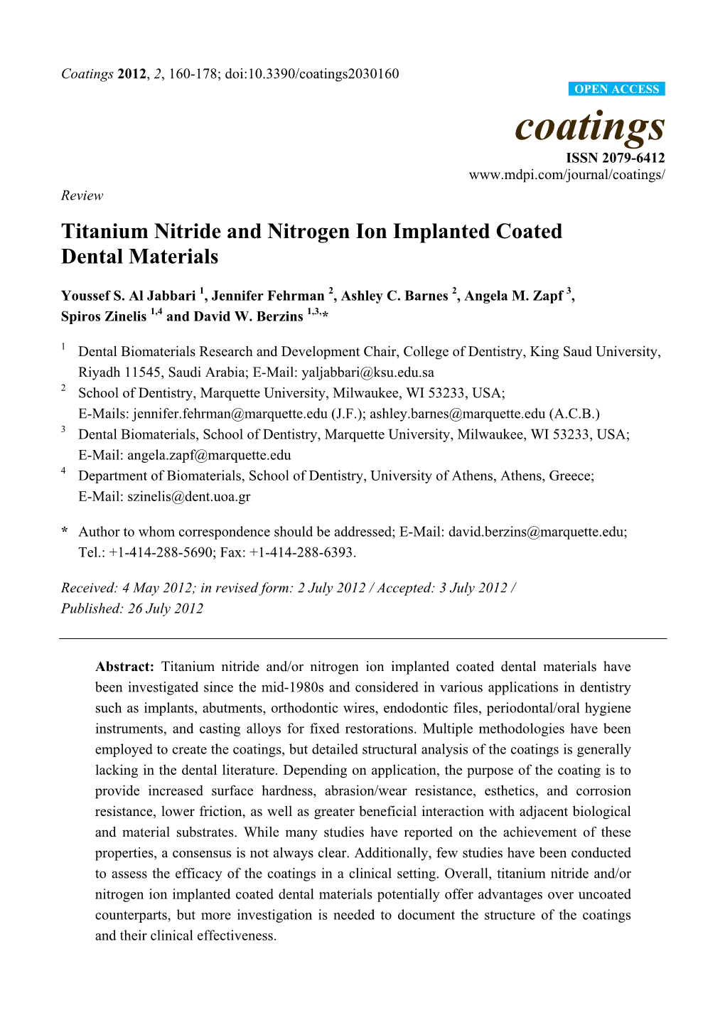 Titanium Nitride and Nitrogen Ion Implanted Coated Dental Materials