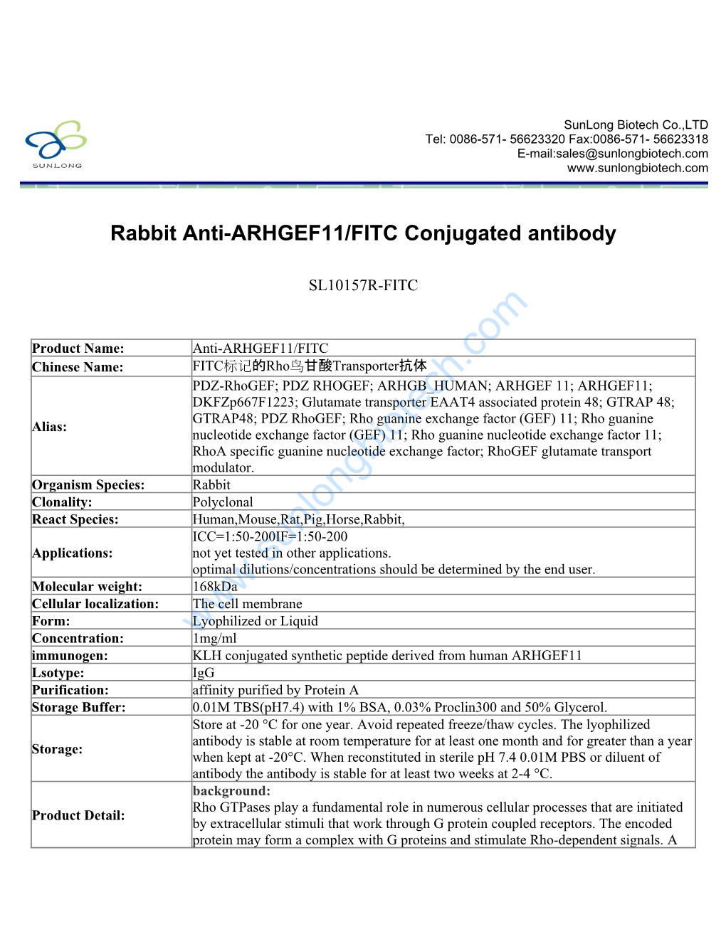 Rabbit Anti-ARHGEF11/FITC Conjugated Antibody-SL10157R