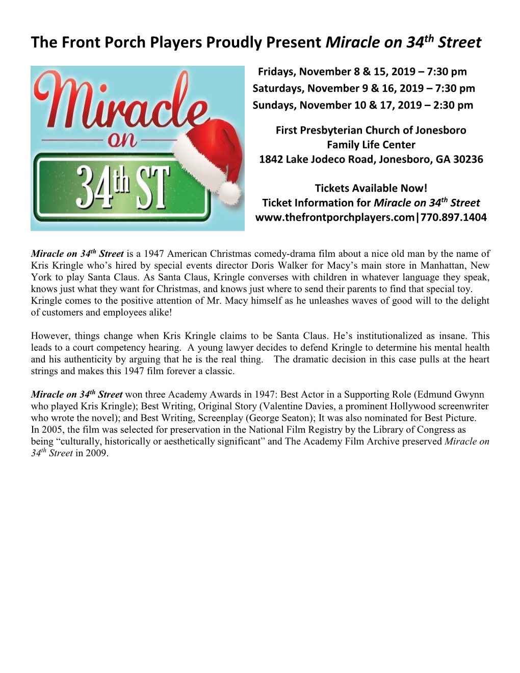 The Front Porch Players Proudly Present Miracle on 34Th Street