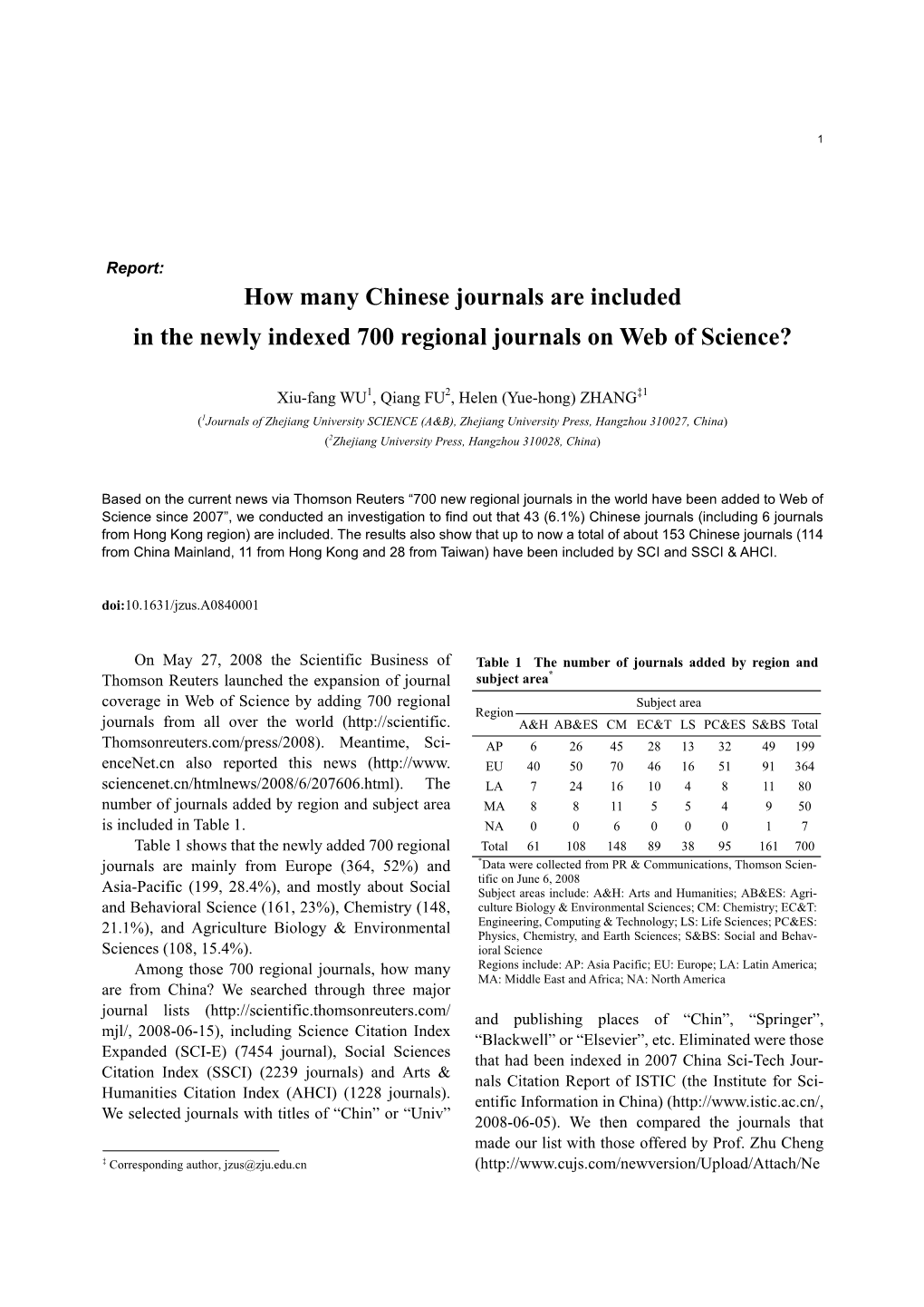 How Many Chinese Journals Are Included in the Newly Indexed 700 Regional Journals on Web of Science?