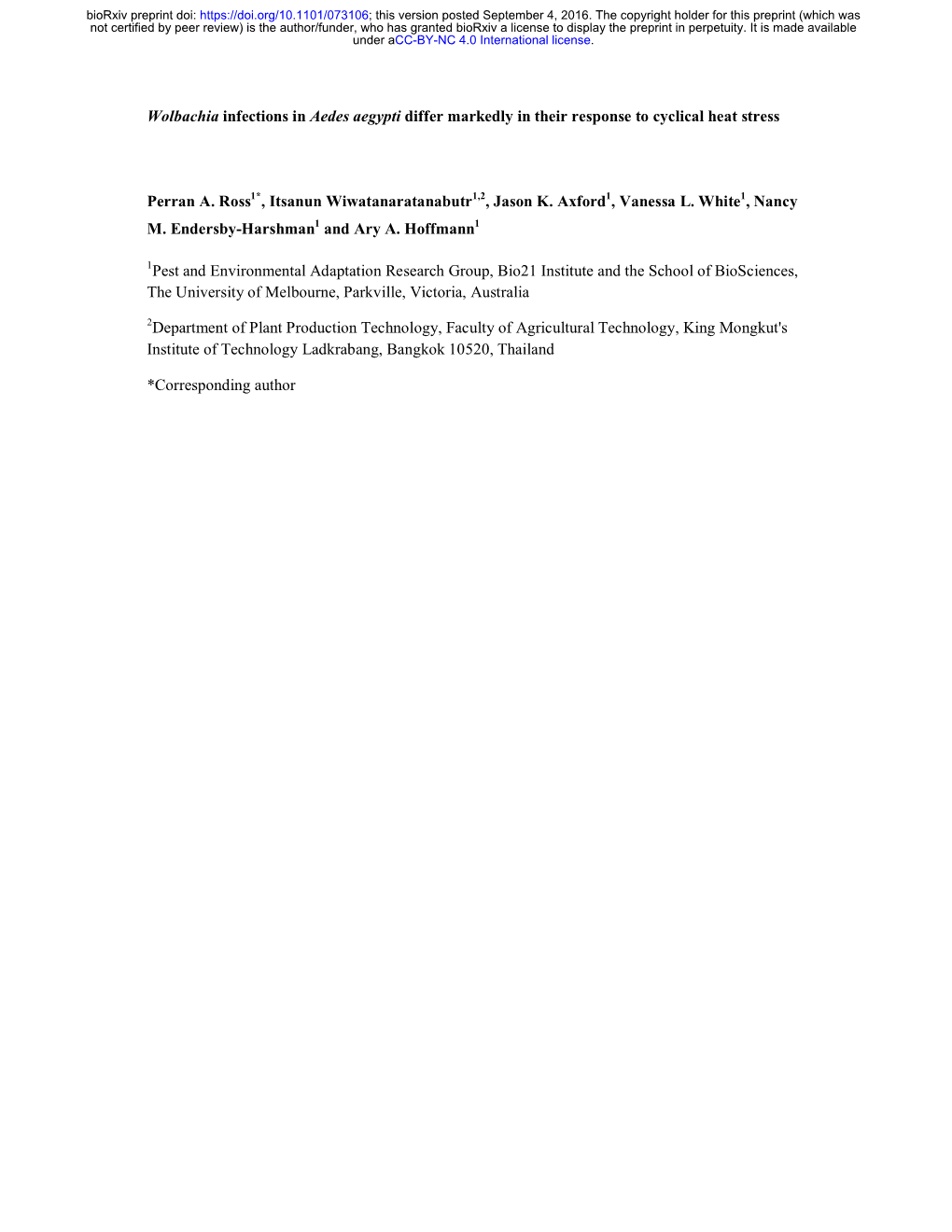 Wolbachia Infections in Aedes Aegypti Differ Markedly in Their Response to Cyclical Heat Stress