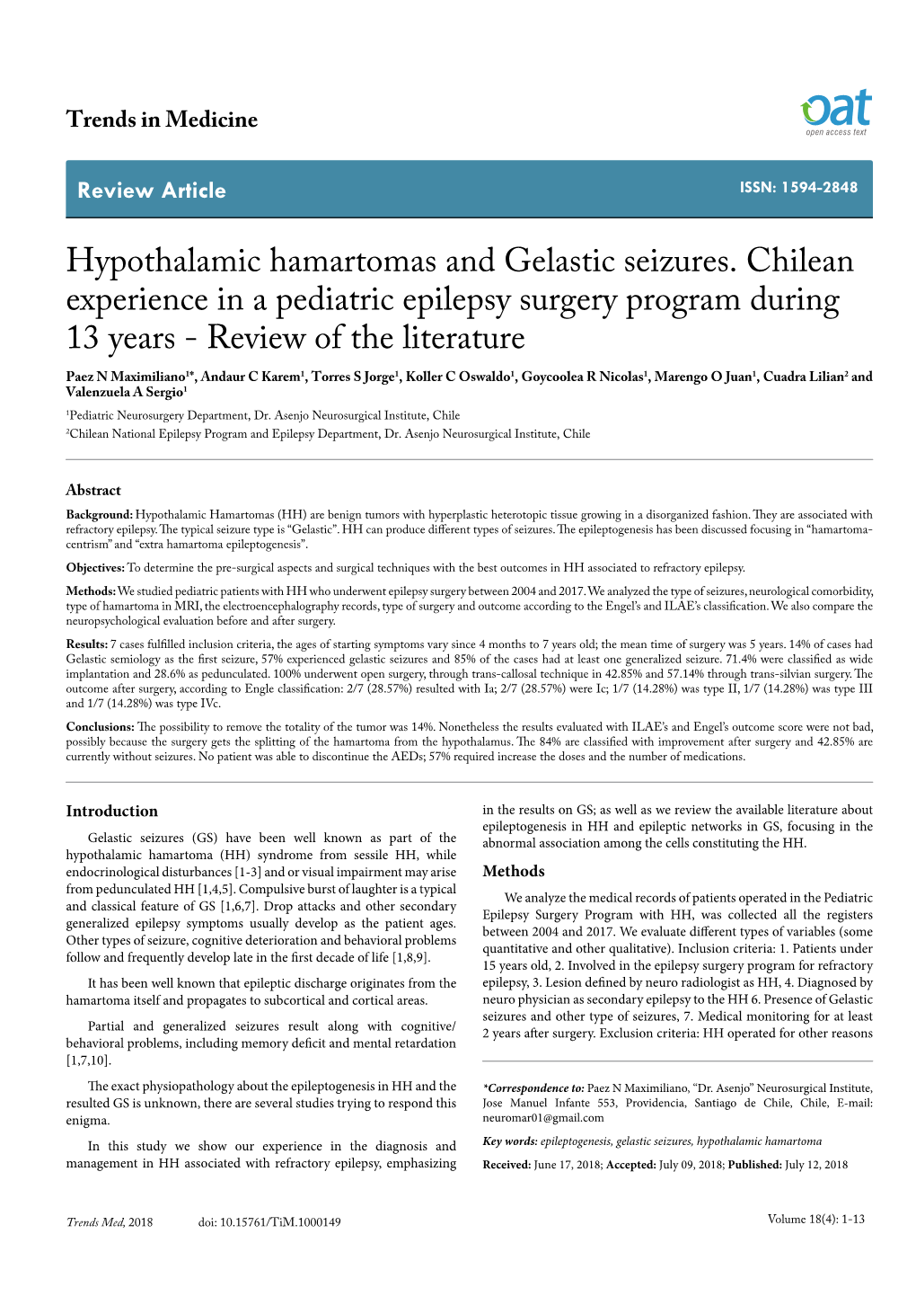 Hypothalamic Hamartomas and Gelastic Seizures. Chilean Experience in a Pediatric Epilepsy Surgery Program During 13 Years-Review of the Literature