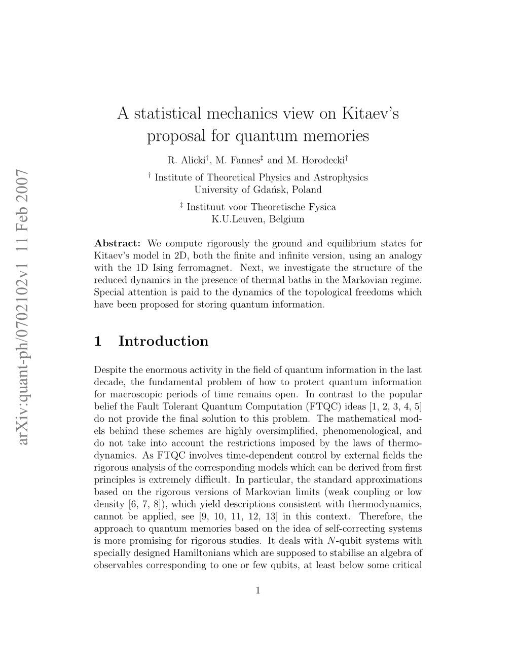 A Statistical Mechanics View on Kitaev's Proposal for Quantum