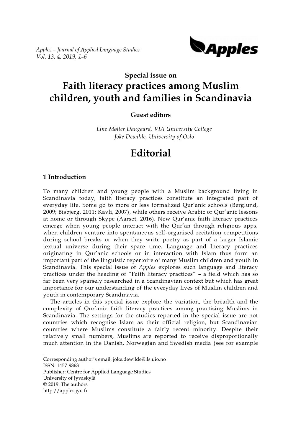 Faith Literacy Practices Among Muslim Children, Youth and Families in Scandinavia Editorial
