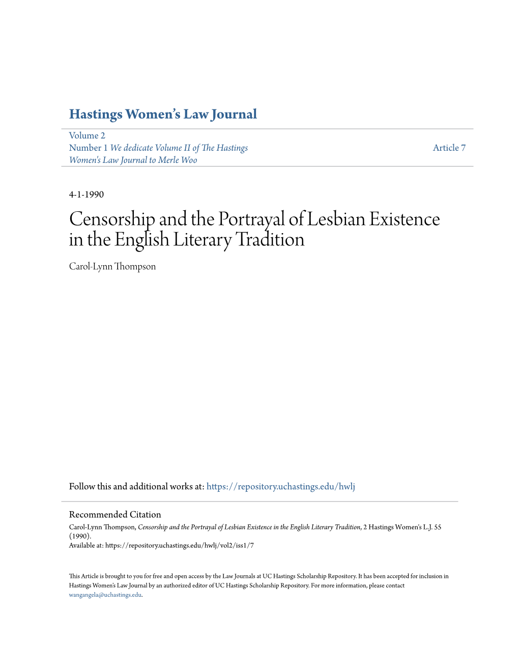 Censorship and the Portrayal of Lesbian Existence in the English Literary Tradition Carol-Lynn Thompson