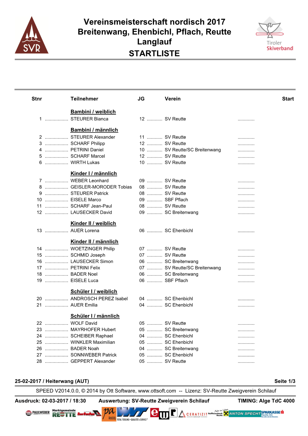 STARTLISTE Vereinsmeisterschaft Nordisch 2017 Breitenwang