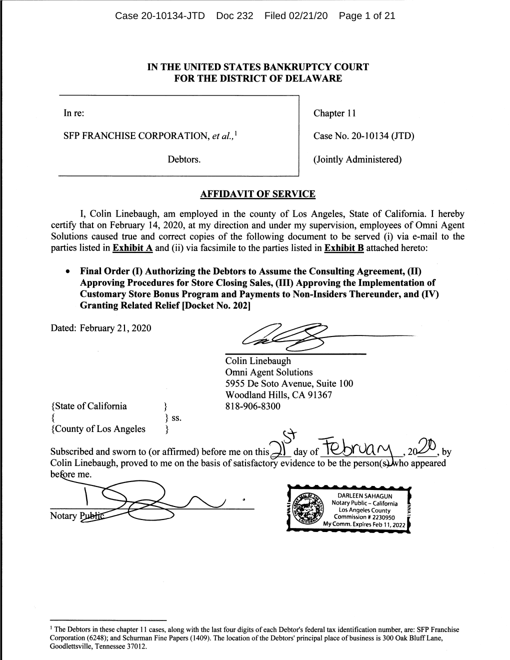 Case 20-10134-JTD Doc 232 Filed 02/21/20 Page 1 of 21 Case 20-10134-JTD Doc 232 Filed 02/21/20 Page 2 of 21