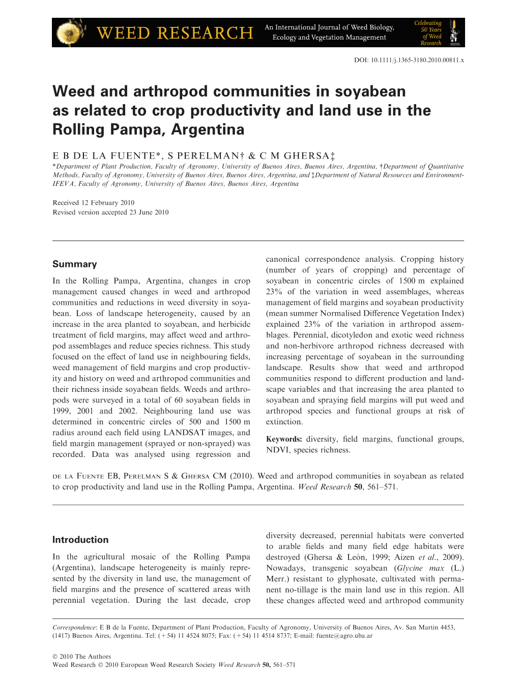 Weed and Arthropod Communities in Soyabean As Related to Crop Productivity and Land Use in the Rolling Pampa, Argentina