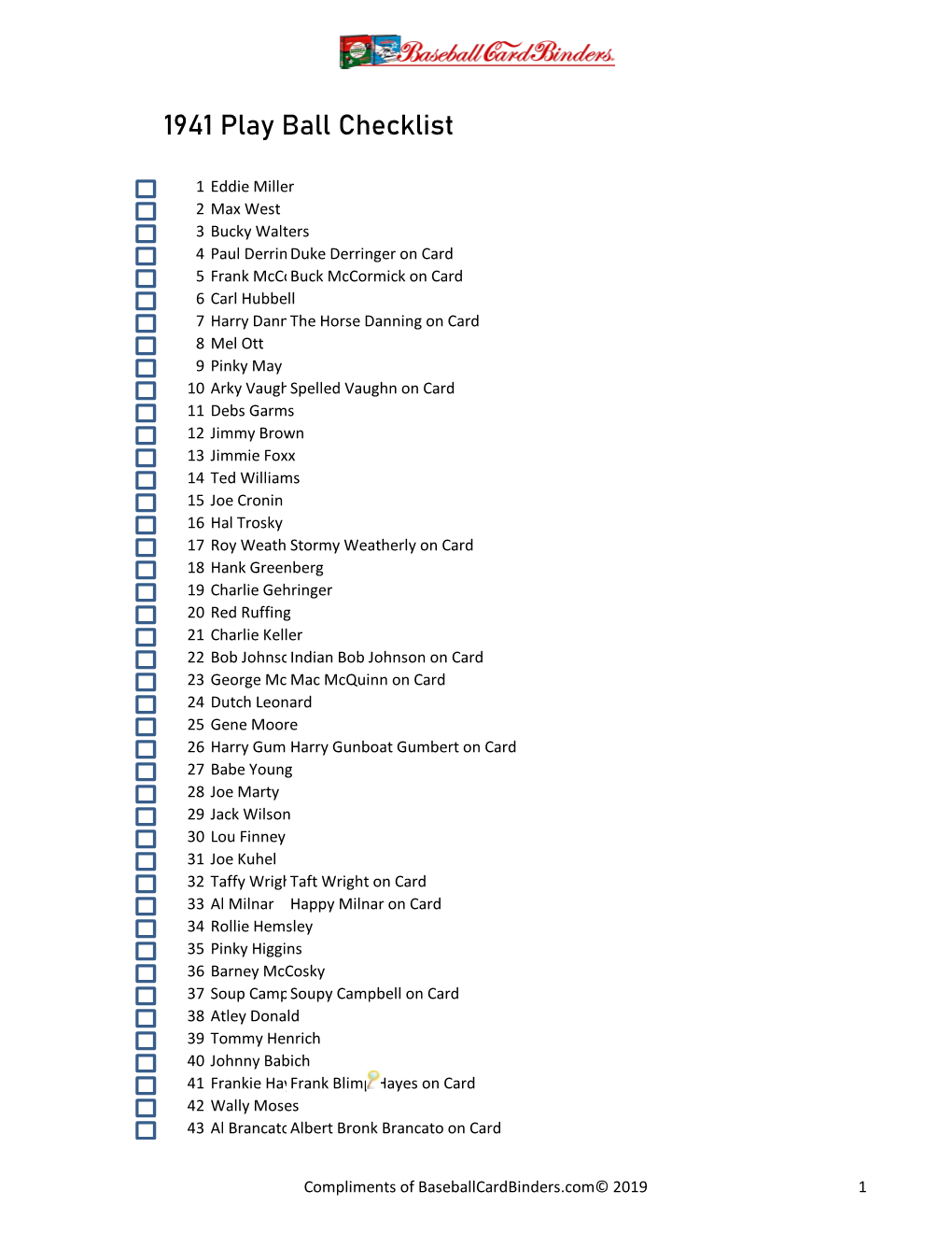 1941 Play Ball Checklist