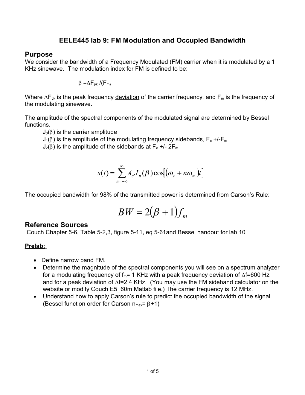EELE445 Lab 9: FM Modulation and Occupied Bandwidth