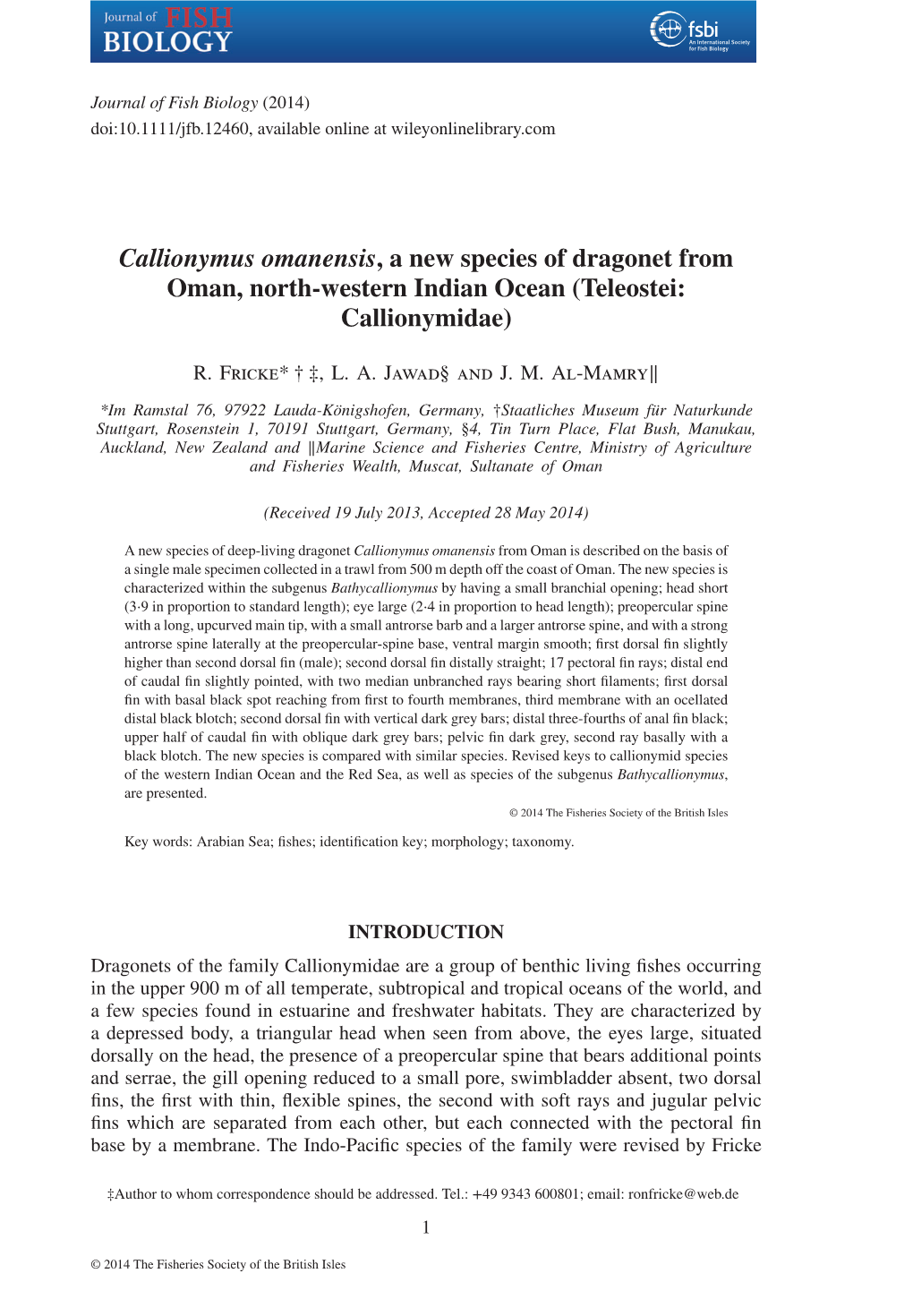 Callionymus Omanensis, a New Species of Dragonet from Oman, North-Western Indian Ocean (Teleostei: Callionymidae)