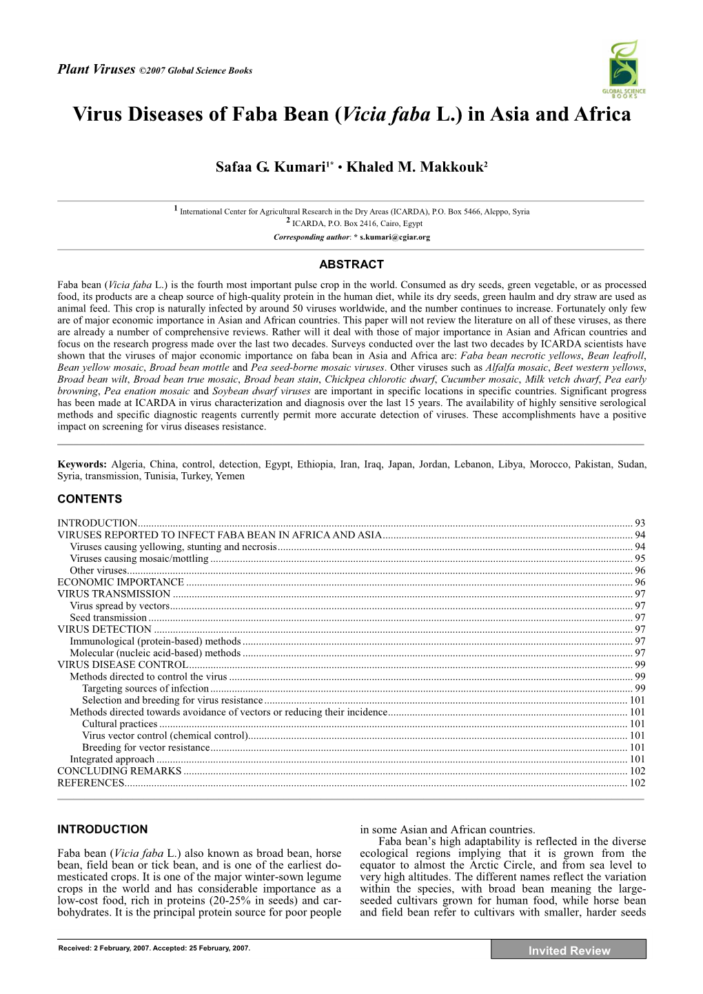 Virus Diseases of Faba Bean (Vicia Faba L.) in Asia and Africa