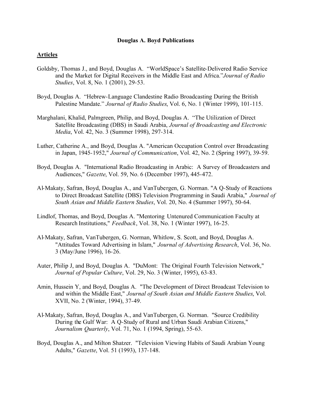 Douglas A. Boyd Publications Articles Goldsby, Thomas J., and Boyd, Douglas A. “Worldspace's Satellite-Delivered Radio Serv