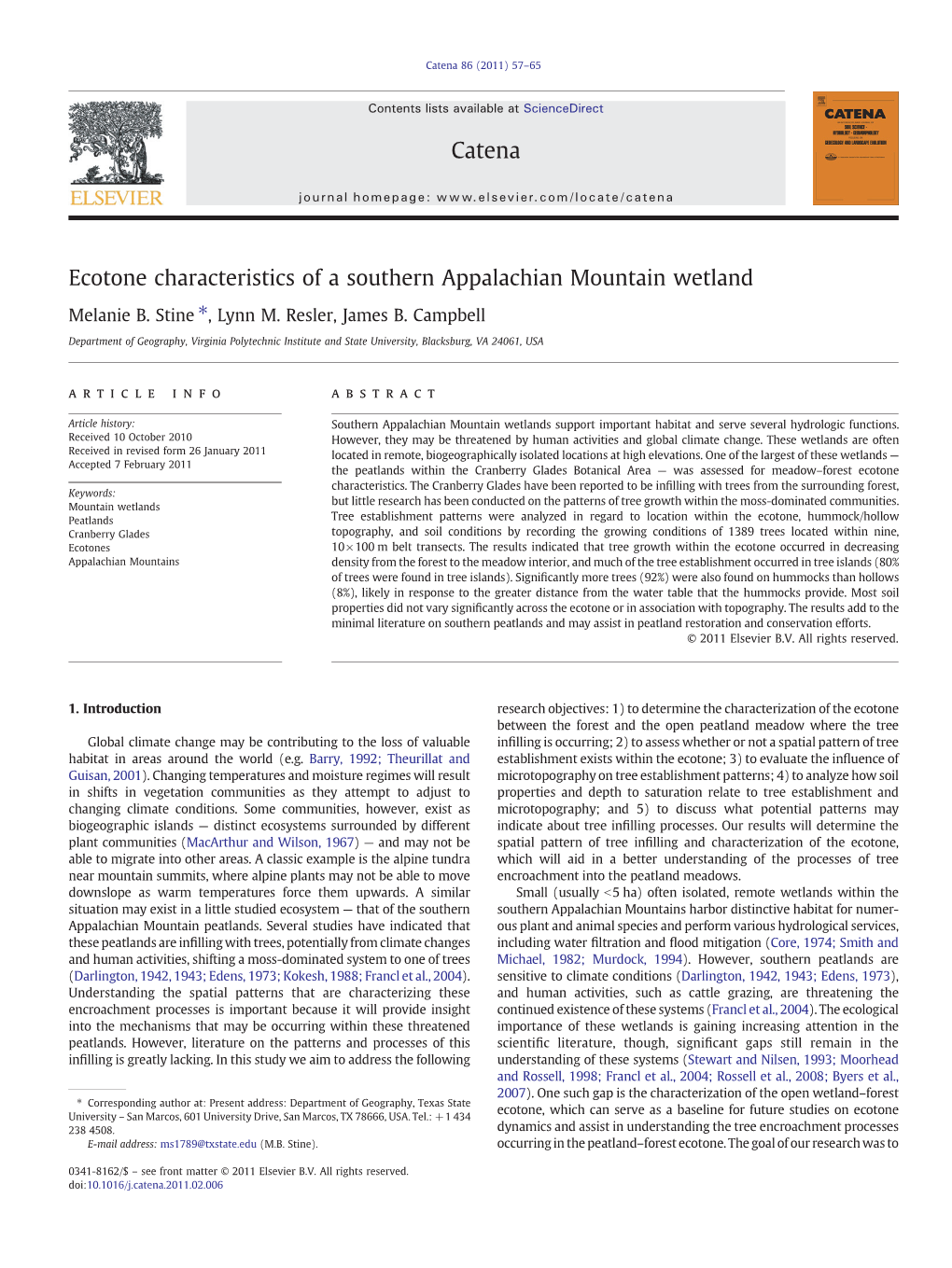 Ecotone Characteristics of a Southern Appalachian Mountain Wetland