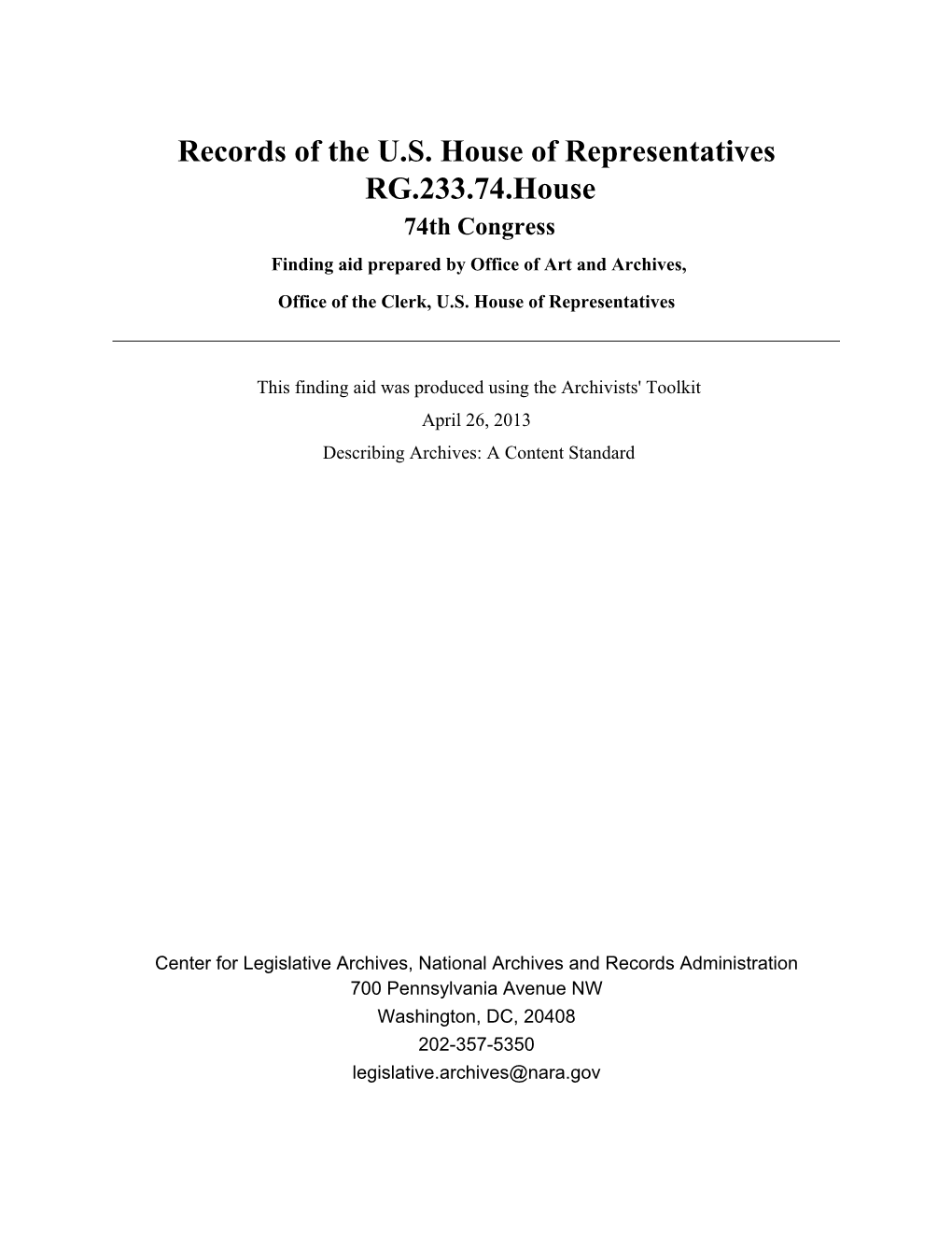 Records of the US House of Representatives RG.233.74.House 74Th Congress