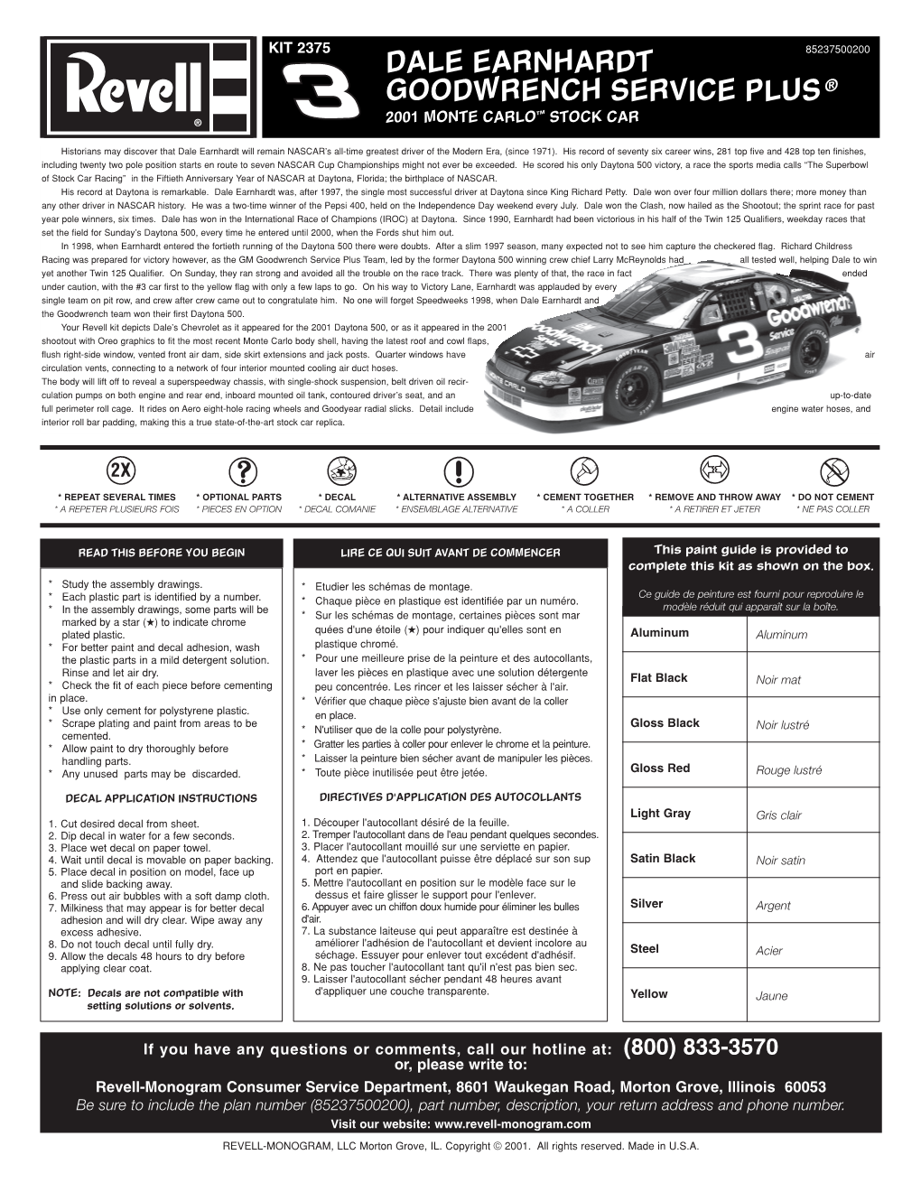 Dale Earnhardt Goodwrench Service Plus ® 2001 Monte Carlo™ Stock Car