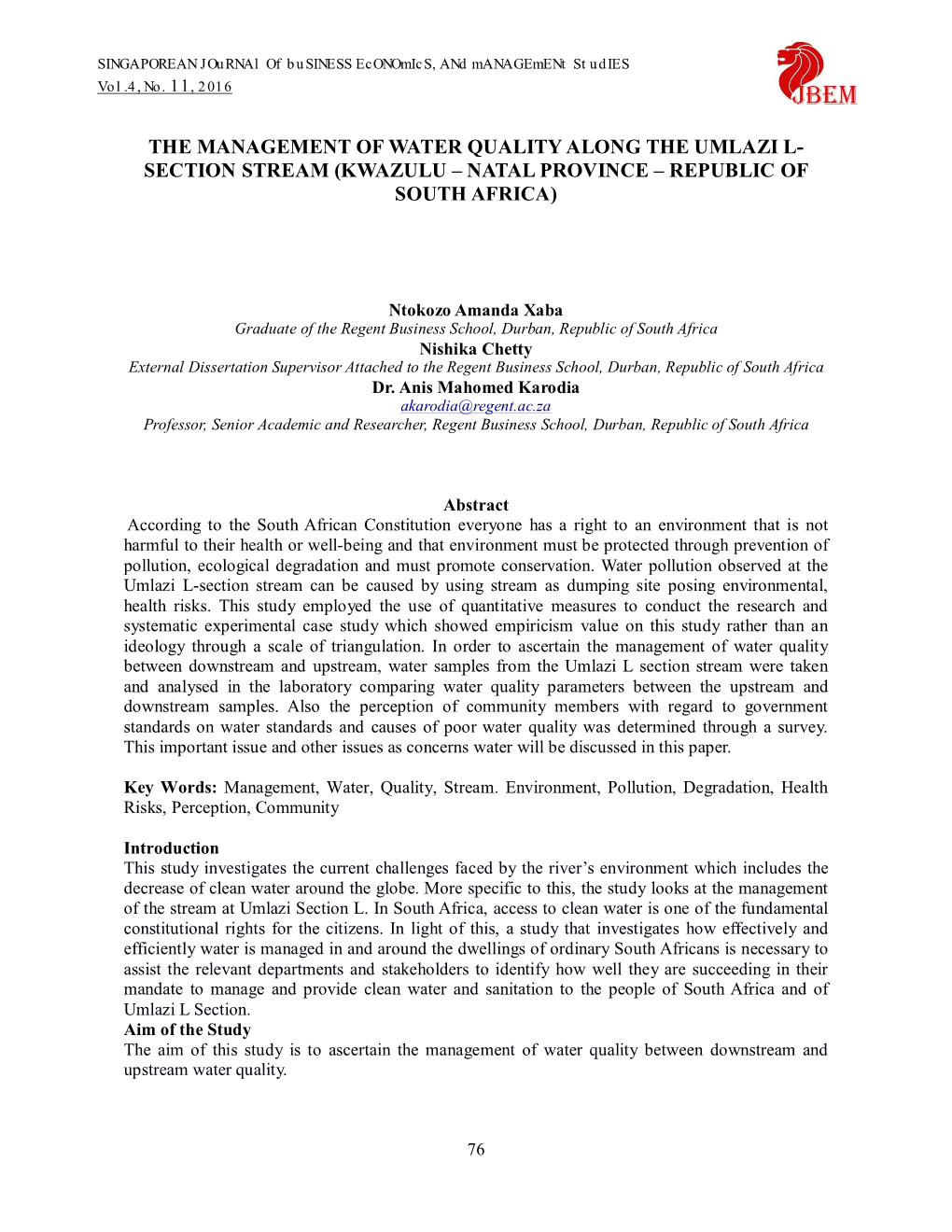 The Management of Water Quality Along the Umlazi L- Section Stream (Kwazulu – Natal Province – Republic of South Africa)