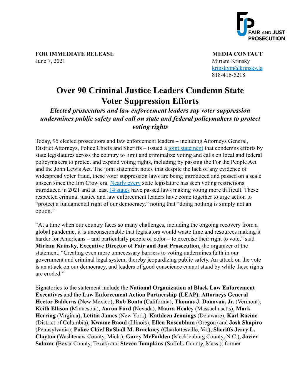 FJP Voting Rights Joint Statement Release June 2021