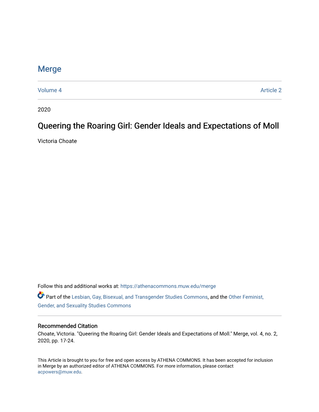 Queering the Roaring Girl: Gender Ideals and Expectations of Moll